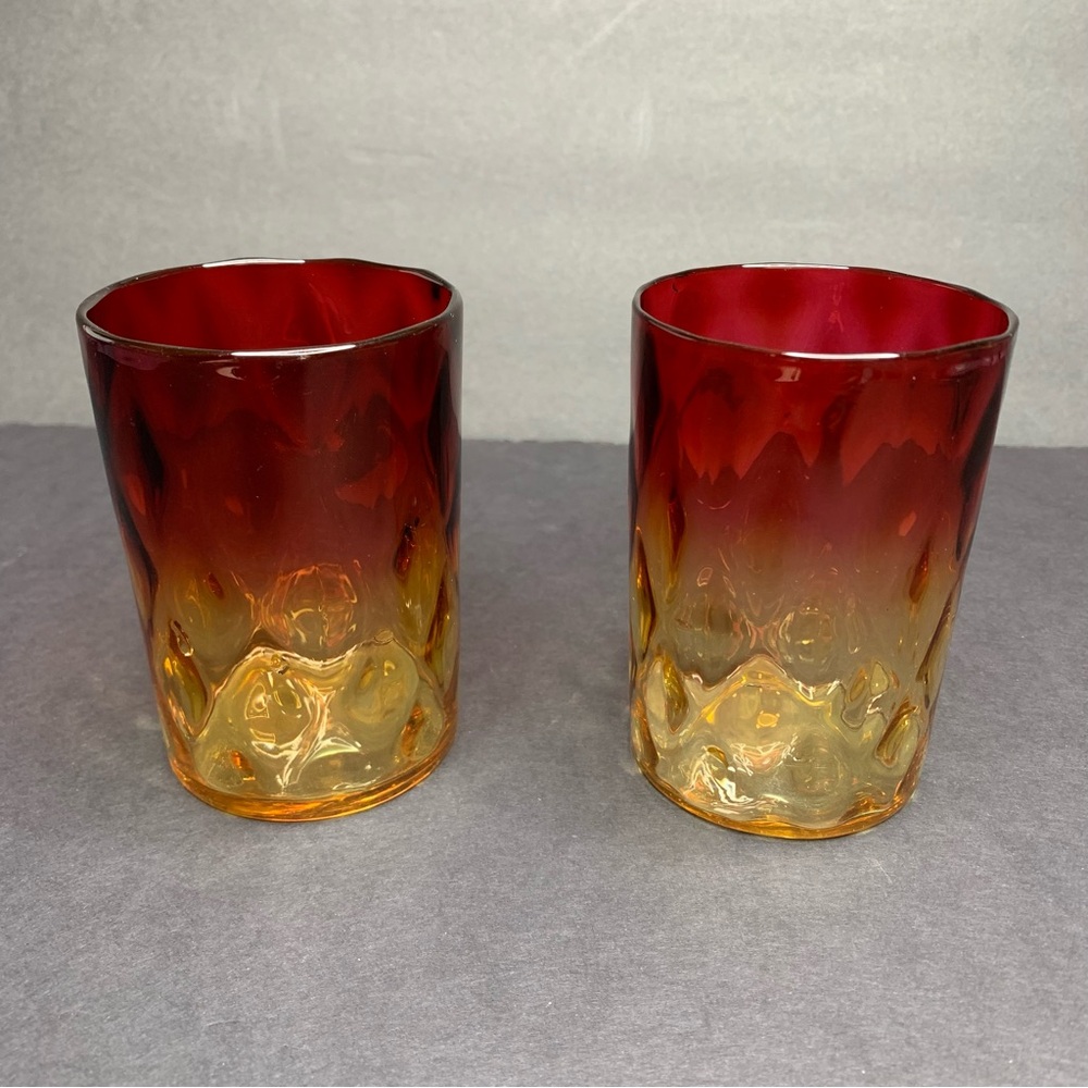 Pair of Amberina Diamond Optic New England Glass Tumblers c. 1883 Cranberry Art
